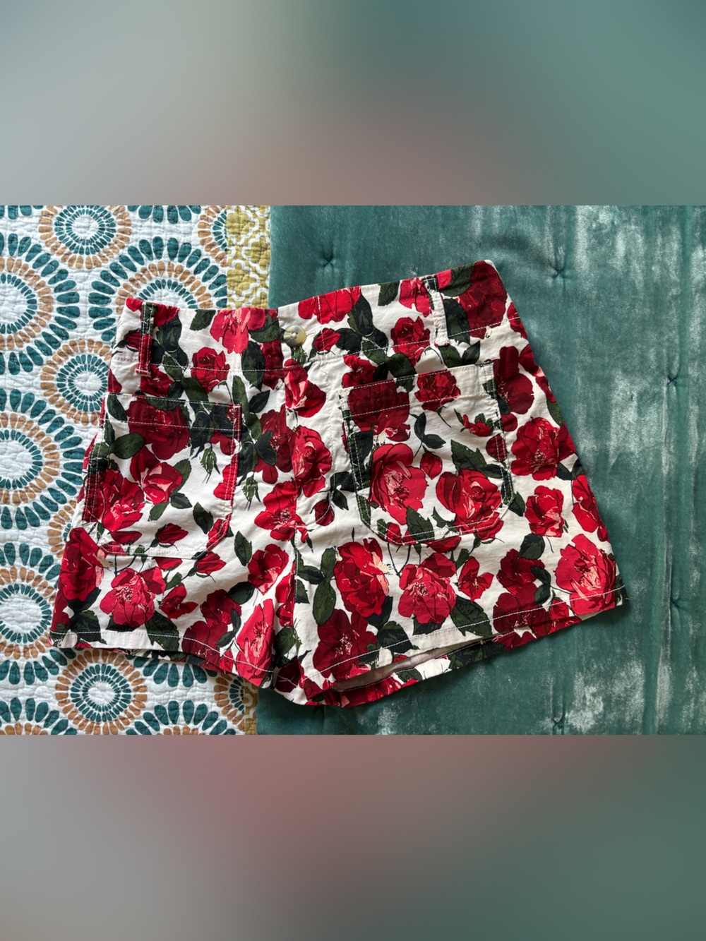 Anthropologie Maeve Red Floral Colette Shorts with Green Leaves